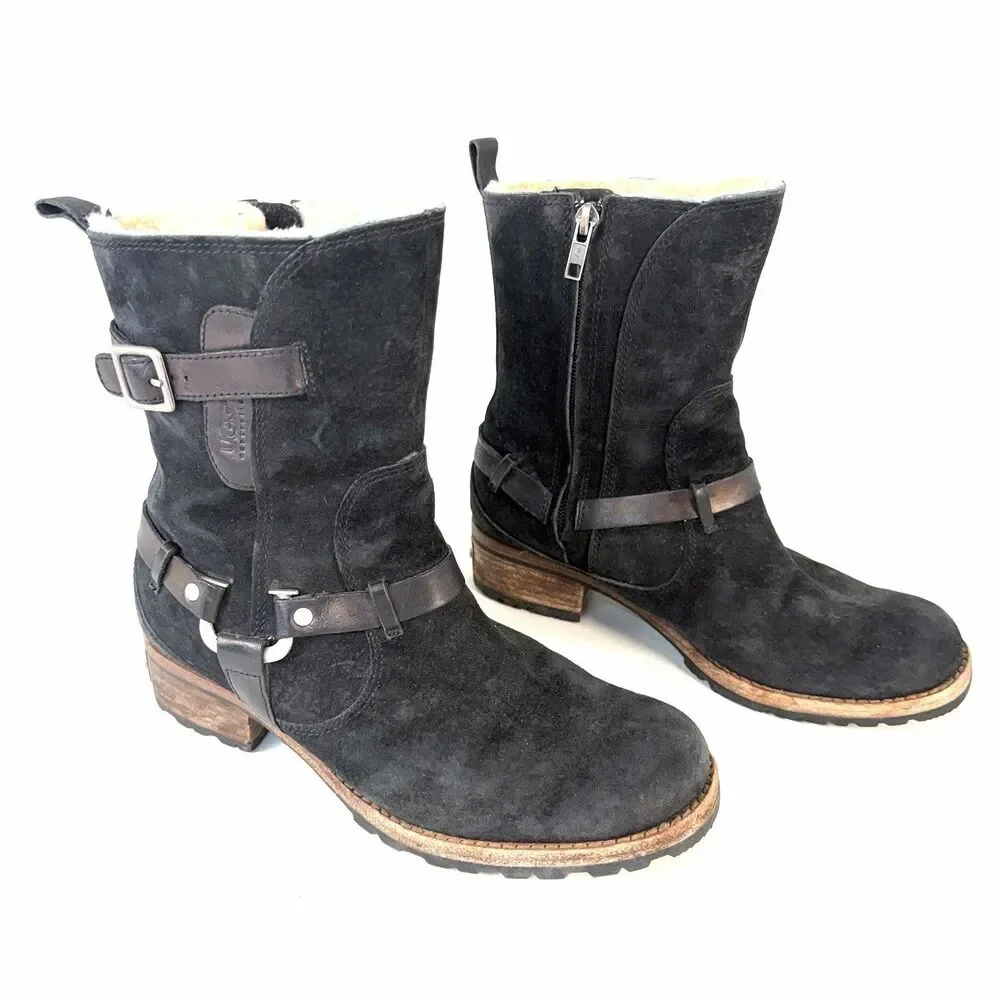 UGG Australia ENDELL Black Waterproof Suede Logo Biker Boots US 8 5604